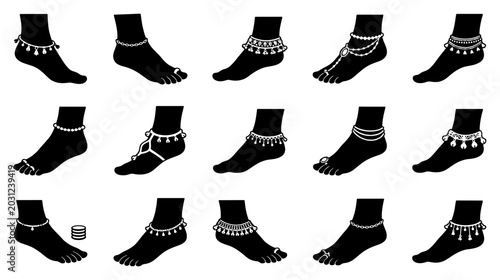 Obraz na płótnie Traditional Indian anklet jewelry icons, set of 15 black silhouette feet with pa