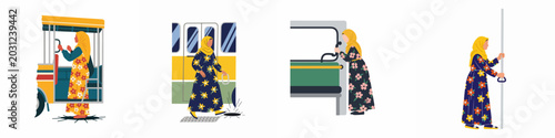 Obraz na plátně Flat Vector Set of a Muslim Woman in Hijab Using Various Public Transportation M