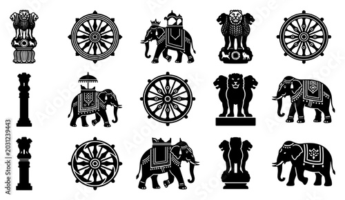Photography Indian national symbols vector set, black silhouette icons of Ashoka Chakra and