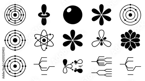 Tableau sur toile Scientific atom model icons set, 15 chemistry and physics vector elements, atomi
