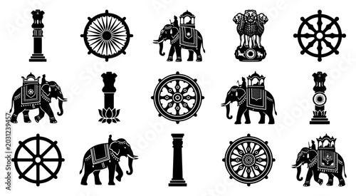 Tableau sur toile Indian cultural icons set, traditional elephant silhouettes and dharma wheel sym