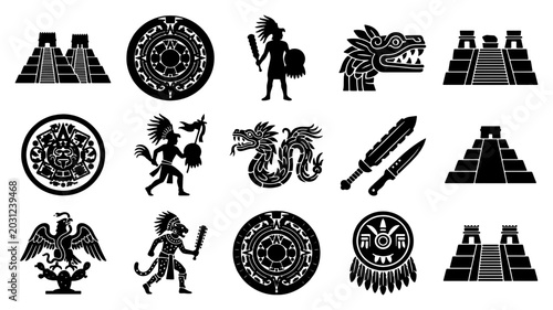 Tableau sur toile Aztec and Mayan civilization icons, ancient Mexican culture symbols set, black s