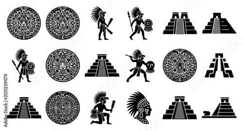 Photos Ancient Mayan Aztec civilization icons, 15 black vector elements of warriors and