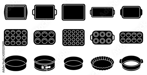 Obraz na plátně Baking pan icon set, 15 black silhouette bakeware elements, professional kitchen