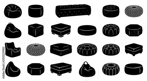 Photos Modern pouf and ottoman silhouette icons, black bean bag and footstool furniture
