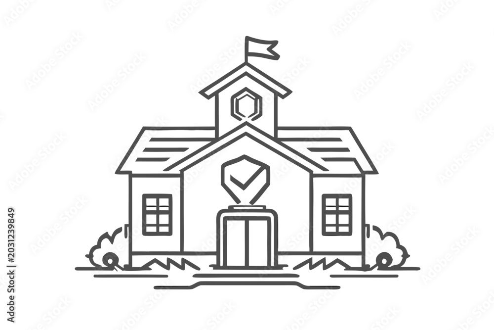 Fototapeta premium School building line icon with flag, shield and check mark, symbol of education safety, campus security and protected learning vector isolated on transparent background