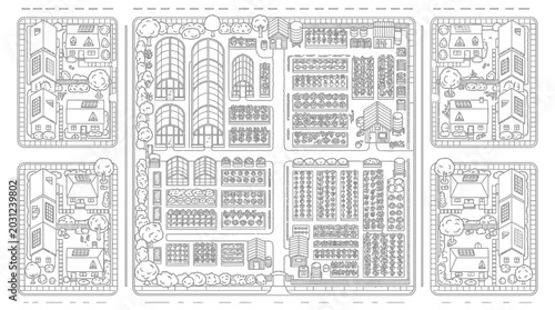 Bird's-Eye View Coloring Page of an Urban Community Garden and Sustainable Neighborhood with Greenhouses, Vegetable Beds, and Solar-Powered Houses