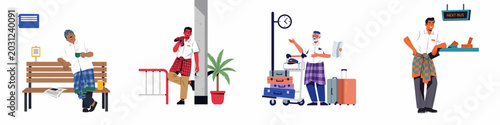 Tableau sur toile Diverse set of Southeast Asian men wearing traditional sarongs in various daily and travel scenarios like bus stops, airport stations, and ticket counters