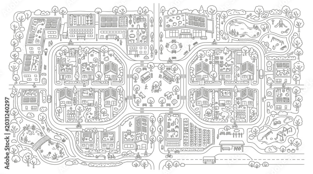 Obraz premium Sustainable Eco City Map Coloring Page: Modern Green Neighborhood with Solar Panels, Rooftop Gardens, and Urban Agriculture Line Art Illustration