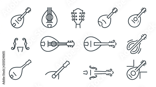 Schilderij op canvas Collection of Hand Drawn Stringed Musical Instruments Icons.