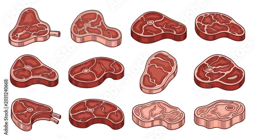 Bild auf Leinwand Raw Beef Steaks Assortment, Various Cuts, Isometric View, Food Illustration