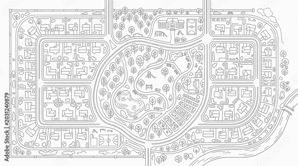 Obraz premium Suburban Neighborhood Map Coloring Page - Top-Down View Line Art Illustration of a Community Layout with Houses, Parks, and Schools