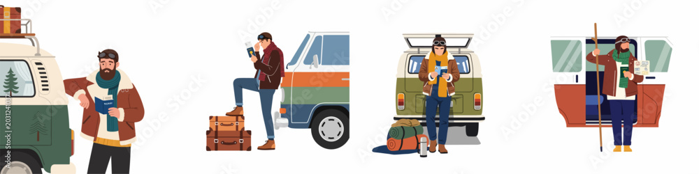 Fototapeta premium Illustration of a bearded man embarking on a road trip adventure with a vintage camper van, checking his passport and luggage.