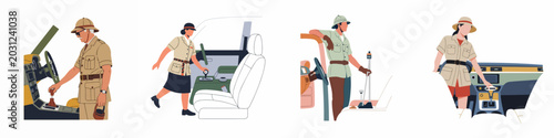 Fotografía A set of four illustrations depicting people in safari gear shifting car gears during an off-road adventure or expedition