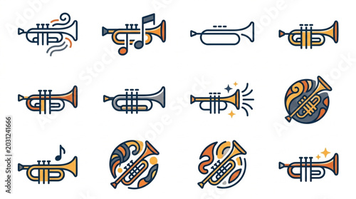 Foto Collection of stylized trumpet and french horn musical instrument icons