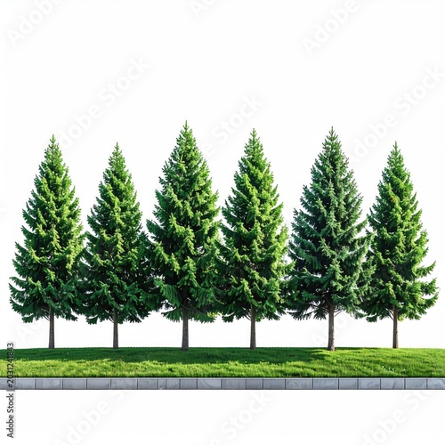 Six lush green evergreen trees lined up on a grassy embankment