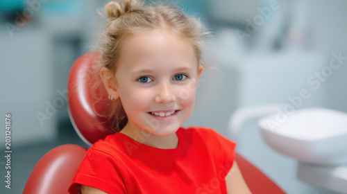 Smiling child sitting in dental chair modern clinic. Pediatric dentistry concept