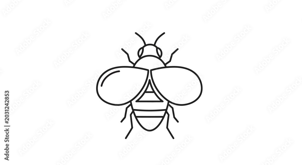 Fototapeta premium Simple outline drawing of a bee icon with wings and striped body, black and white vector illustration, minimalist style.