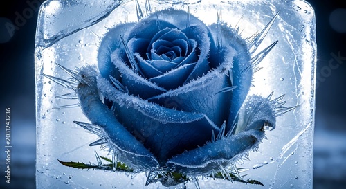 Frozen blue rose encased in ice with frosty petals and sharp icicles cold winter scene