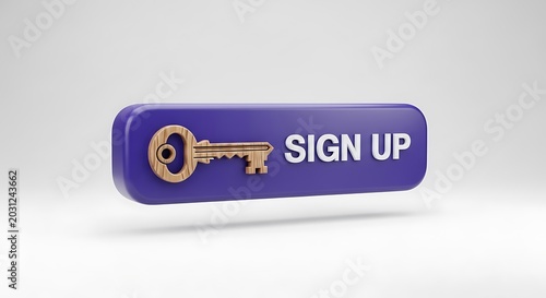 Purple sign up button with golden key on white background