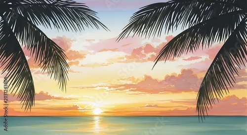 Tropical beach sunset with palm trees and vibrant colorful sky