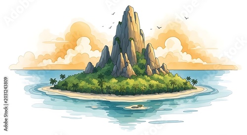 Tropical island with rocky cliffs, lush greenery, and sandy beach at sunset