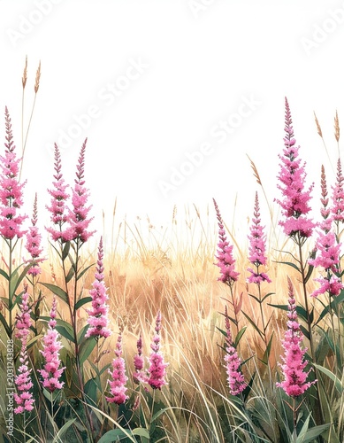 Delicate pink wildflowers border a field of golden grasses