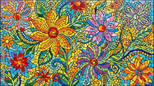 Vibrant colorful mosaic artwork of stylized flowers and leaves in shades of yellow, orange, pink, blue, and green
