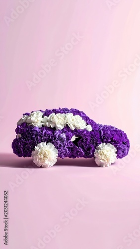 Purple and white floral automobile sculpture on pink background