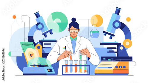 Scientist in lab coat conducting experiment with test tubes and microscopes