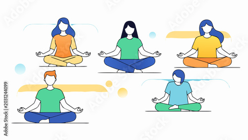 Diverse group of people meditating in lotus pose, promoting wellness and mindfulness