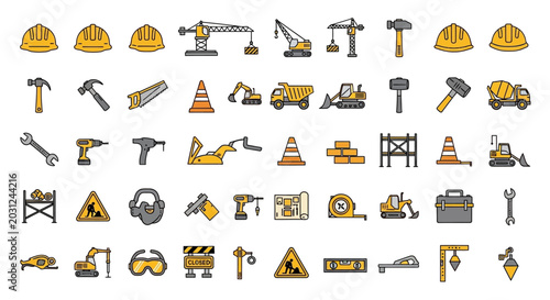 Collection of Construction Tools and Equipment Icons.