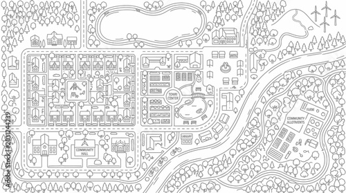 Detailed Small Town Map Illustration in Line Art Style, Sustainable Community Layout for Coloring Book and City Planning