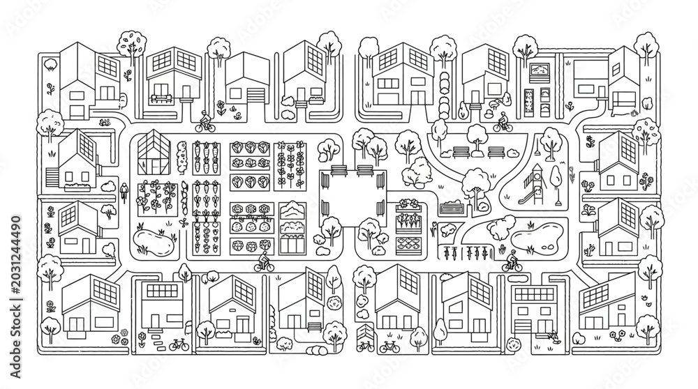 Obraz premium Sustainable Eco-Village Line Art Illustration featuring Solar Powered Houses, Community Gardens, and Green Urban Planning for Coloring Book