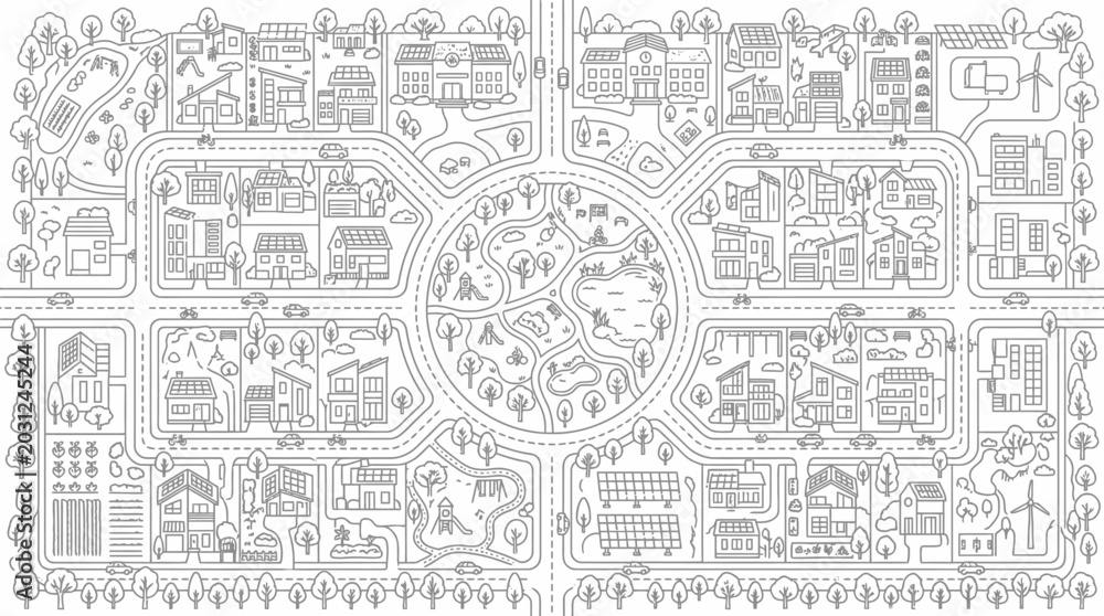 Fototapeta premium Eco-Friendly Sustainable City Map Coloring Page with Solar Panels, Wind Turbines, and Green Spaces - Top Down Aerial Vector Illustration of a Modern Green Neighborhood