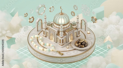3D isometric illustration of white and gold mosque on circular platform surrounded by clouds, prayer beads, and dates. Ramadan or Eid concept.