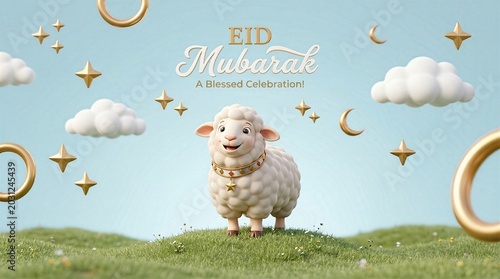 Cheerful 3D sheep standing on green grass hill with Eid Mubarak typography text in sky. Festive Islamic holiday banner with gold rings, stars, and clouds.