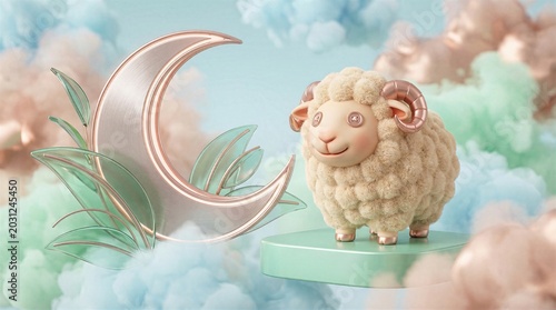 3D fluffy sheep with button eyes standing on mint green pedestal next to satin metal crescent moon and soft colorful abstract clouds.