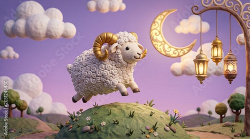 Playful 3D ram with golden horn jumping over grassy hill under purple twilight sky with decorative hanging lanterns and patterned crescent moon.