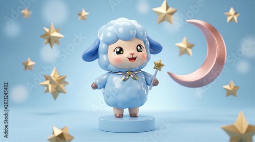Cute 3D blue sheep character holding star wand standing on pedestal with metallic crescent moon and bokeh star background.