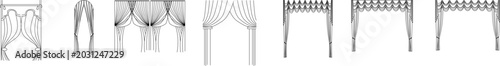 Фотография Collection of formal curtain and drapery design symbols featuring swags, jabots, tails, and decorative valances with various pleating patterns