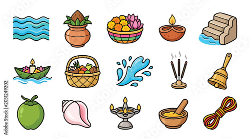 Fotografie Collection of Hindu religious icons and symbols representing worship and rituals