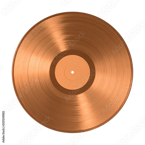 Close up of a shiny bronze or copper colored vinyl record showing detailed grooves and center label ready for music production 