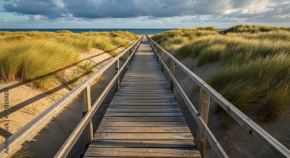 Obraz premium Wooden Boardwalk Leading to the Ocean Through Sandy Dunes.