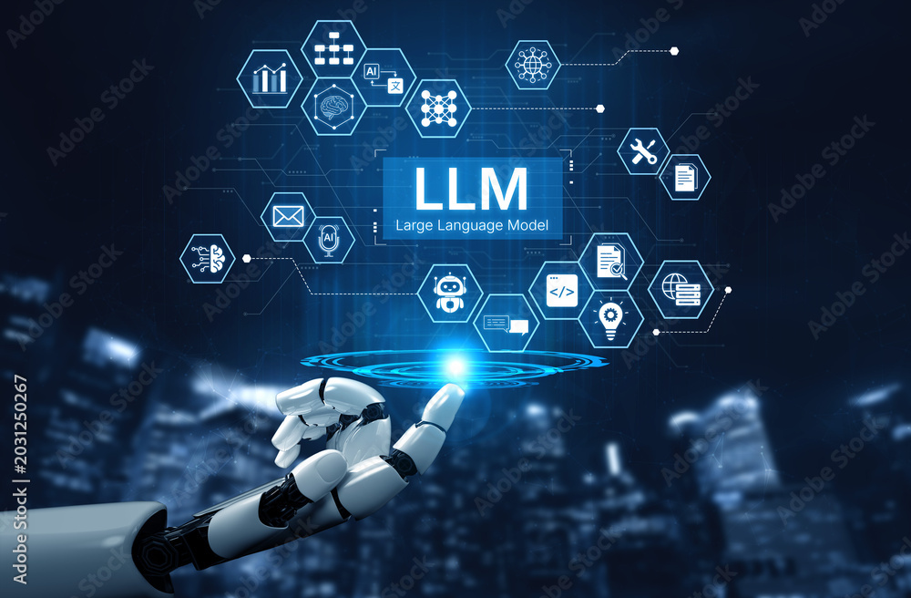 Obraz premium Large Language Model LLM processing data. Represents deep text learning, natural language processing NLP AI tech, transformer architecture, and generative AI deep learning future technology. Corpus