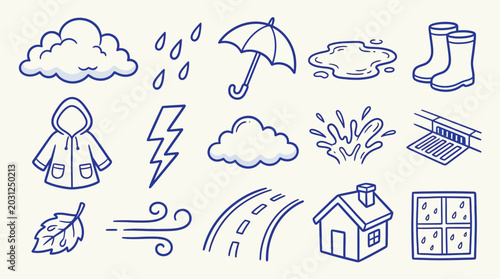 Schilderij op canvas Collection of hand-drawn doodle icons representing various weather elements and rainy day activities