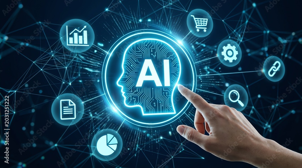 Naklejka premium Human hand pointing at glowing artificial intelligence brain, symbolizing digital transformation, future technology, data analytics, and smart business