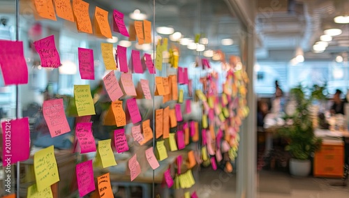 Colorful Sticky Notes Arranged on a Glass Wall in a Modern Office.