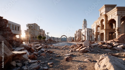 Ruined Cityscape: A haunting scene of a desolate cityscape, with crumbling buildings and rubble strewn across the street under a clear, bright sky, evoking a sense of loss and historical abandonment.