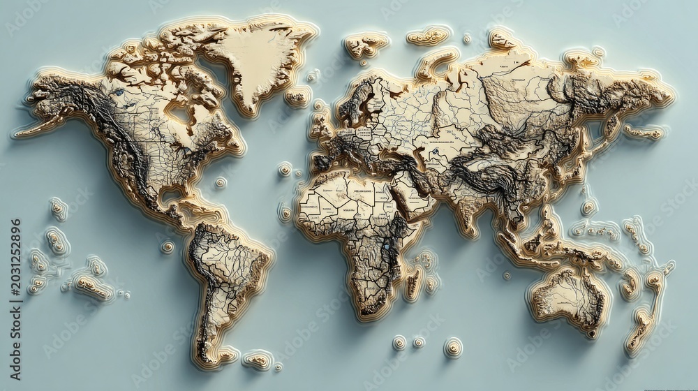Obraz premium Topographical world map with intricate landforms, rivers, and borders
